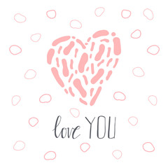 Love you lettering poster. Hand drawn pink heart on white background with pink bubbles. Stock vector illustration.