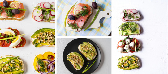 Collage with Sandwiches or tapas with bread , cream cheese, vegetable and tasty toppings. Healthy food for lunch or breakfast.