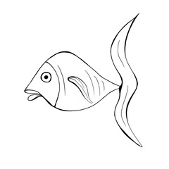 Cartoon style illustration - black and white fish silhouette. Great design element for sticker, card, print, coloring book or poster. Unique and fun drawing isolated on background 