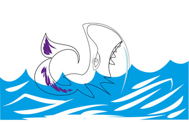 One continuous line drawing of shark in the sea. Simple line drawing of wild animal swimming.