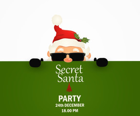 Secret Santa Claus invitation background standing behind a blank sign, showing on big blank sign. Cartoon Santa Claus character holding a placard with white copy space. Santa clause party.