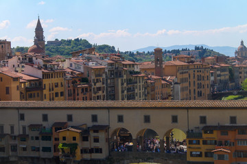 Panoramic view of The Ponte Vecchio or Old Bridge in Florence Italy, famous  tourist destination. 