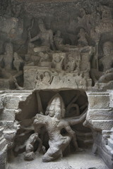 Cave 16 : Main temple External Wall- South. Ravana Shakes Mount Kailash. Ellora Caves, Aurangabad, Maharashtra, India