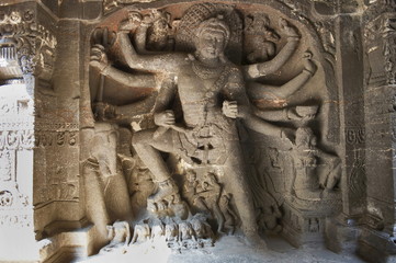 Cave 16 : Shiva Slaying Demon Andhaka. Ellora Caves, Aurangabad, Maharashtra, India
