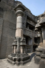 Cave 32 : Monolithic dhavaja Stamba in courtyard, Ellora Caves, Aurangabad, Maharashtra, India