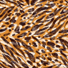 Animal skin seamless pattern. Tiger leopard fur print texture background. Abstract geometric shapes. Watercolor texture. Artistic textile fashion design.