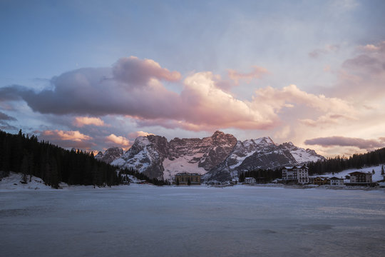 Beautiful sunset landscape in the Dolomites mountains, Italy.
