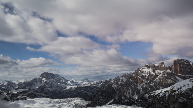 Beautiful autumn landscape in the Dolomites mountains, Italy. Panorama scene. 