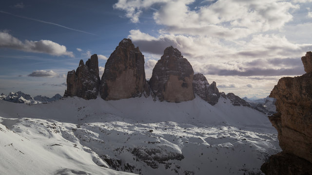 Tre Cime di Lavaredo (Drei Zinnen) sunset sunrise, Dolomite in Italy.