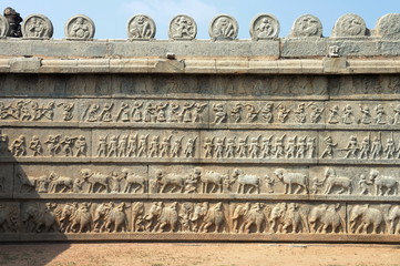 Inscriptions carved on the external wall of Hazara Rama Temple, Hampi, Karnataka, India