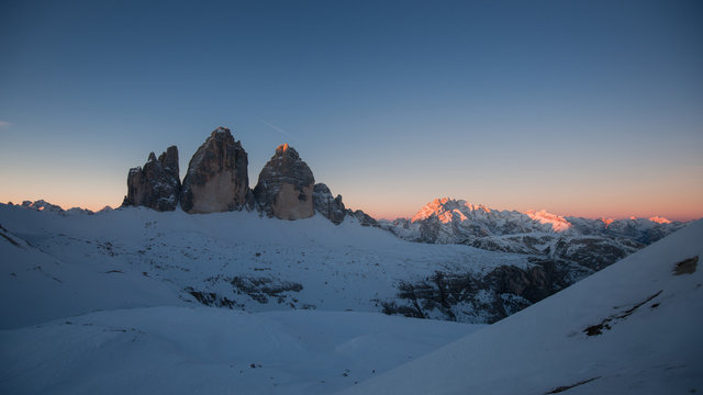 Fantastic evening and morning winter landscape. Colorful overcast sky. 