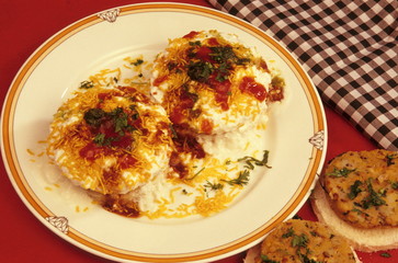 Dahi (Curd) Puri (Indian dish) with Cutlets (Indian fried dish)
