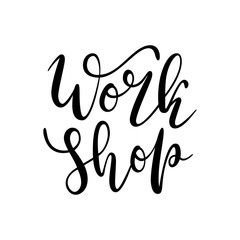 Fototapeta premium Workshop logotype, isolated vector lettering logo, brush pen calligraphy, Signboard for craft studio, online course, master class. Handwritten typography with flourishes.