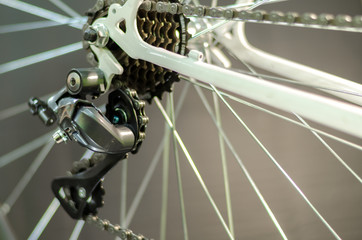 Bicycle repair. Professional workshop. Installing a modern rear derailleur on a vintage road bike...