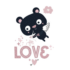 blue cute bear angel cupid archery, lettering love, valentines day illustration vector