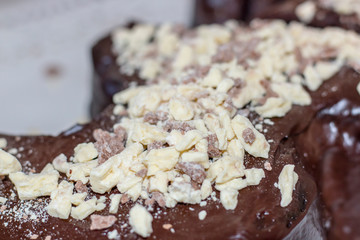 Chocolate chips on a chocolate cake