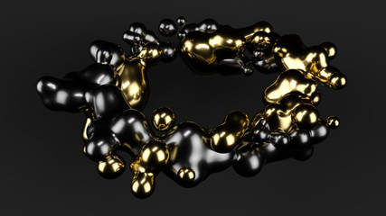 Gold metall ball, black ball abstract. Grey matte background. Studio light. Metaball. 3d illustration, render.