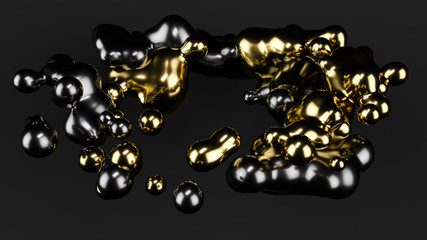 Gold metall ball, black ball abstract. Grey matte background. Studio light. Metaball. 3d illustration, render.