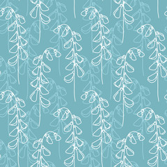 Floral hand drawn seamless pattern. Line elements on pale blue background. Good for fabric, textile, wrapping paper, wallpaper, kitchen design, packaging, paper, print, etc. 