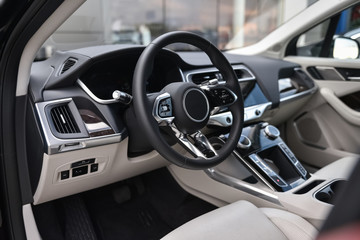 Steering wheel of a car. Interior.