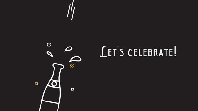 Champagne bottle popping in celebration for New Years, party celebration and weddings. 2d line animation