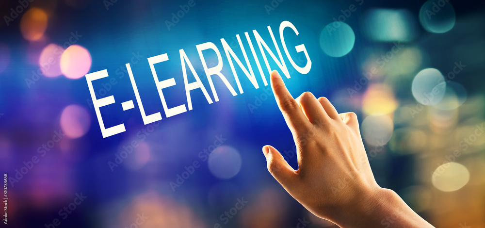Aufkleber e-learning concept with hand pressing a button on a technology screen