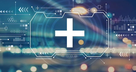 Plus sign with blurred city abstract lights background