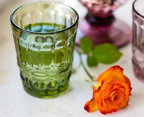 kitchenware colored glass and flowers morning