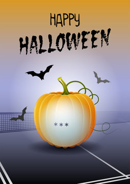 Happy Halloween. Sports greeting card. Realistic ping pong ball in the shape of a Pumpkin. Vector illustration.