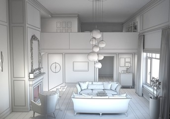 residential interior visualization, 3D illustration
