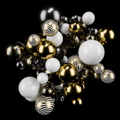 Gold metall ball, black white ball abstract. Black matte background. Metaball. Studio light. 3d illustration, render