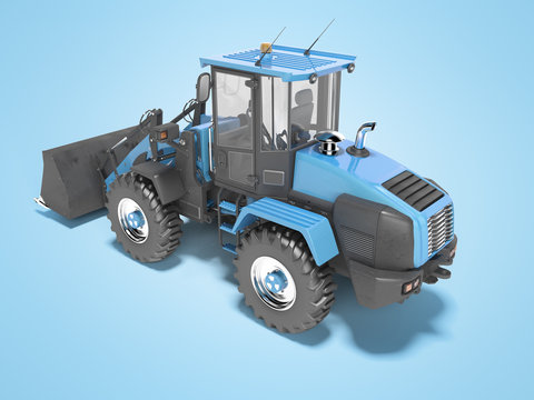 Blue road frontal loader perspective 3D rendering on blue background with shadow