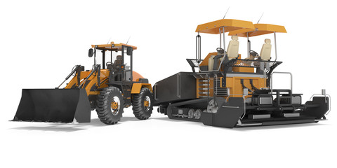 Concept road construction equipment wheeled bulldozer and tracked paver 3d rendering on white background with shadow