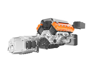 Engine for car assembly with gearbox rear view 3D render on white background no shadow