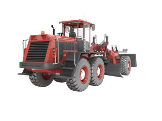 Obraz premium Grader for dumping and leveling the road rear view 3D rendering on white background no shadow