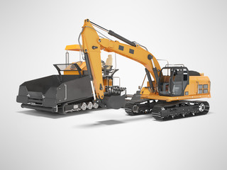 Equipment repair paver crawler and crawler excavator 3D rendering on gray background with shadow