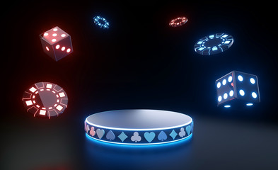 Modern Pedestal With Ace Symbols. Casino Gambling Concept With Futuristic Neon Lights - 3D Illustration