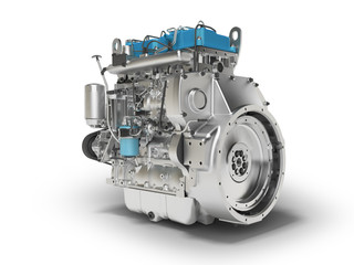 3D rendering of blue diesel engine for car assembly on white background with shadow