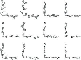 Hand drawn set of line frames on a white background. Sketch elements of floral and herbs ornaments for banner design. Line border collection. Arrows. Isolated separators. Vintage border. 