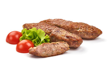 Fried cevapcici, balkan sausages, isolated on white background