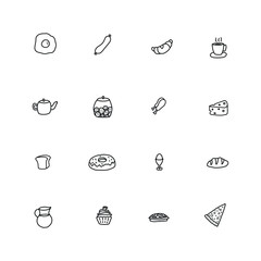 Food icons set. Cartoon template. Hand drawn objects for posters,menu, greeting cards, web designs, wrapping paper, textile, wallpaper, holiday letters, home decor, other projects.