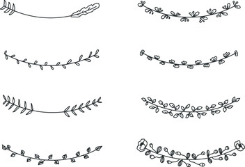 Hand drawn set of line frames on a white background. Sketch elements of floral and herbs ornaments for banner design. Line border collection. Arrows. Isolated separators. Vintage border. 