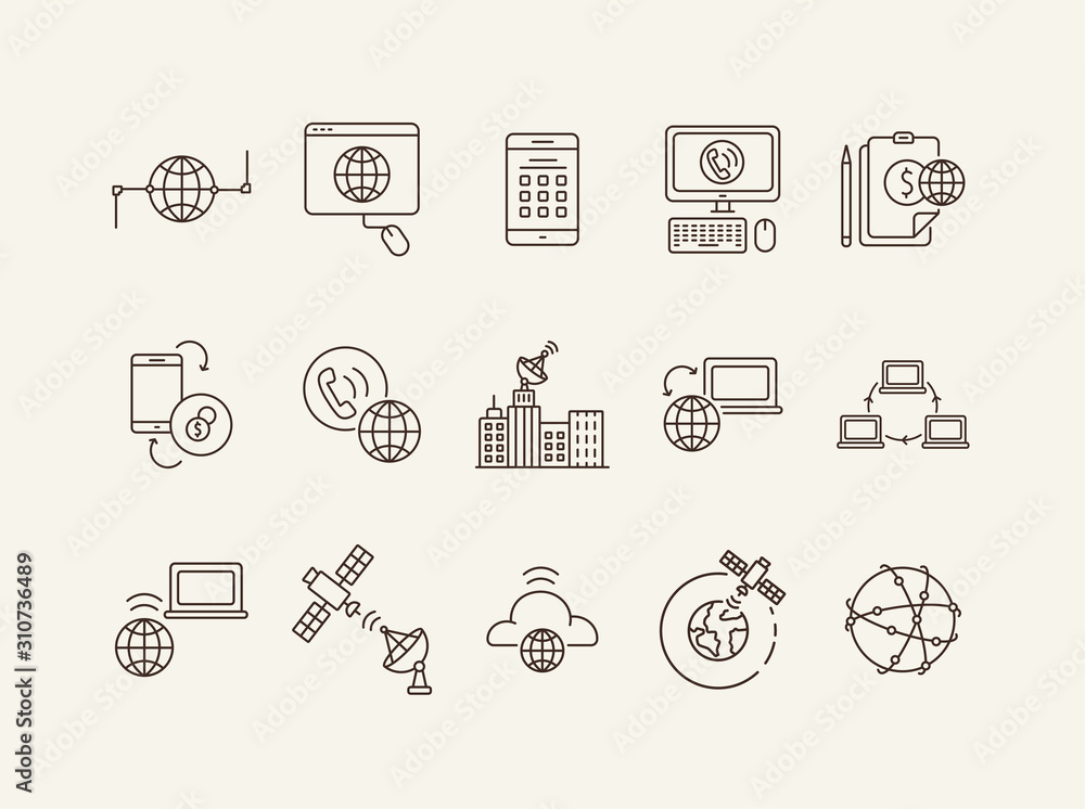 Poster satellite internet global net thin line icon set