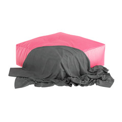 Square leather pink pouf with a veil on white background. 3d rendering