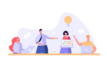 Men and women sitting and standing in office. Team of people at workplace working on solution together. Concept of teamwork, patnership and creative idea. Vector illustration flat design