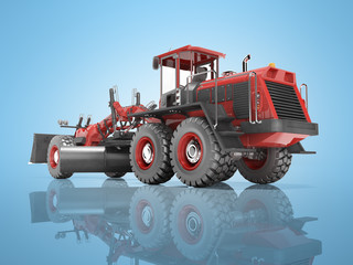 Red grader for dumping and leveling the road back view 3D rendering on blue background with shadow