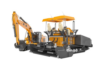 Road machinery orange asphalt spreader machine and crawler excavator 3D rendering on white background no shadow