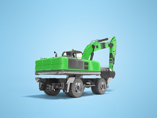 3D rendering green hydraulic wheel excavator isolated on blue background with shadow