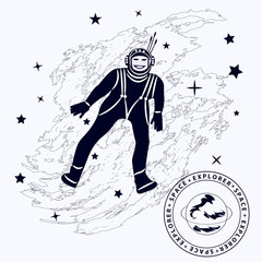 Space diver - astronaut, funny, cartoon, stars, background in grunge style - art, vector. Space exploration.
