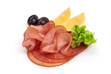 Sliced Smoked Ham sausage, isolated on white background